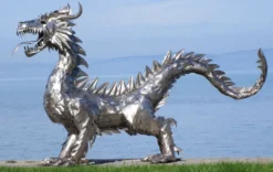 Casa Padrino Luxus Gartendeko Skulptur Drache Silber 290 x 75 x H. 177 cm - Riesige Edelstahl Deko Figur - Gartenfigur - Hotel Garten Deko
