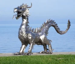 Casa Padrino Luxus Gartendeko Skulptur Drache Silber 290 x 75 x H. 177 cm - Riesige Edelstahl Deko Figur - Gartenfigur - Hotel Garten Deko
