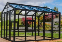 Casa Padrino Luxus Gartenhaus Schwarz 400 x 300 x H. 276,2 cm - Massivholz Garten Haus mit Glasfenstern und Glastüren - Gewächshaus - Luxus Gartenhäuser - Luxus Gewächshäuser