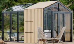 Casa Padrino Luxus Gartenhaus Schwarz / Beige 400 x 300 x H. 276,2 cm - Massivholz Garten Haus mit Glasfenstern und Glastüren - Gewächshaus - Luxus Gartenhäuser - Luxus Gewächshäuser