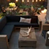 Casa Padrino Luxus Garten Lounge Set aus massivem Eichenholz mit Polsterung - Eckcouch, Sessel und Tisch, 150x70x40 cm