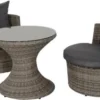 Casa Padrino Luxus Gartenmöbel Set Dunkelgrau / Grau - 1 Runder Gartentisch mit Glasplatte & 2 runde Gartensessel mit Kissen - Moderne Garten & Terrassen Möbel