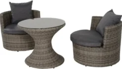 Casa Padrino Luxus Gartenmöbel Set Dunkelgrau / Grau - 1 Runder Gartentisch mit Glasplatte & 2 runde Gartensessel mit Kissen - Moderne Garten & Terrassen Möbel