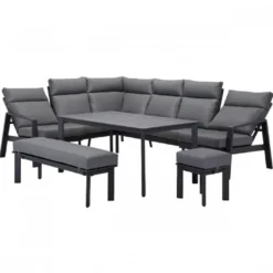 Casa Padrino Luxus Garten Möbel Set Grau - 1 Tisch & 1 Ecksofa & 1 Sitzbank & 1 Hocker