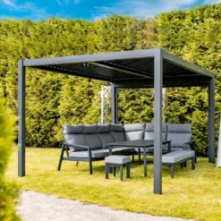 Casa Padrino Luxus Garten Möbel Set Grau - 1 Tisch & 1 Ecksofa & 1 Sitzbank & 1 Hocker