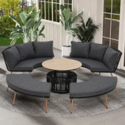 Casa Padrino Luxus Garten Möbel Set Grau / Naturfarben - 2 Gartensofas & 2 Gartenbänke & 1 Gartentisch
