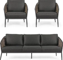 Casa Padrino Luxus Gartenmöbel Set Anthrazit / Braun - 1 Luxus Gartensofa & 2 Luxus Gartensessel - Garten Möbel - Terrassen Möbel - Hotel Möbel - Pool Möbel - Outdoor Möbel - Luxus Möbel