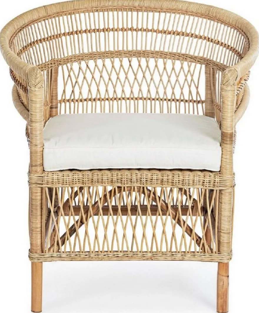 Casa Padrino Luxus Gartensessel Naturfarben / Weiß 79 x 72 x H. 86 cm - Rattan Garten & Terrassen Sessel mit Sitzkissen - Garten & Terrassen Möbel - Luxus Qualität