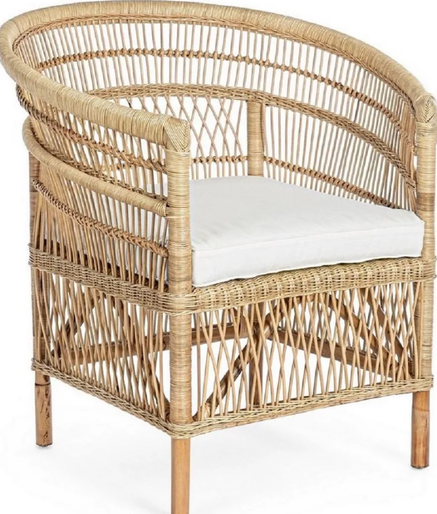 Casa Padrino Luxus Gartensessel Naturfarben / Weiß 79 x 72 x H. 86 cm - Rattan Garten & Terrassen Sessel mit Sitzkissen - Garten & Terrassen Möbel - Luxus Qualität