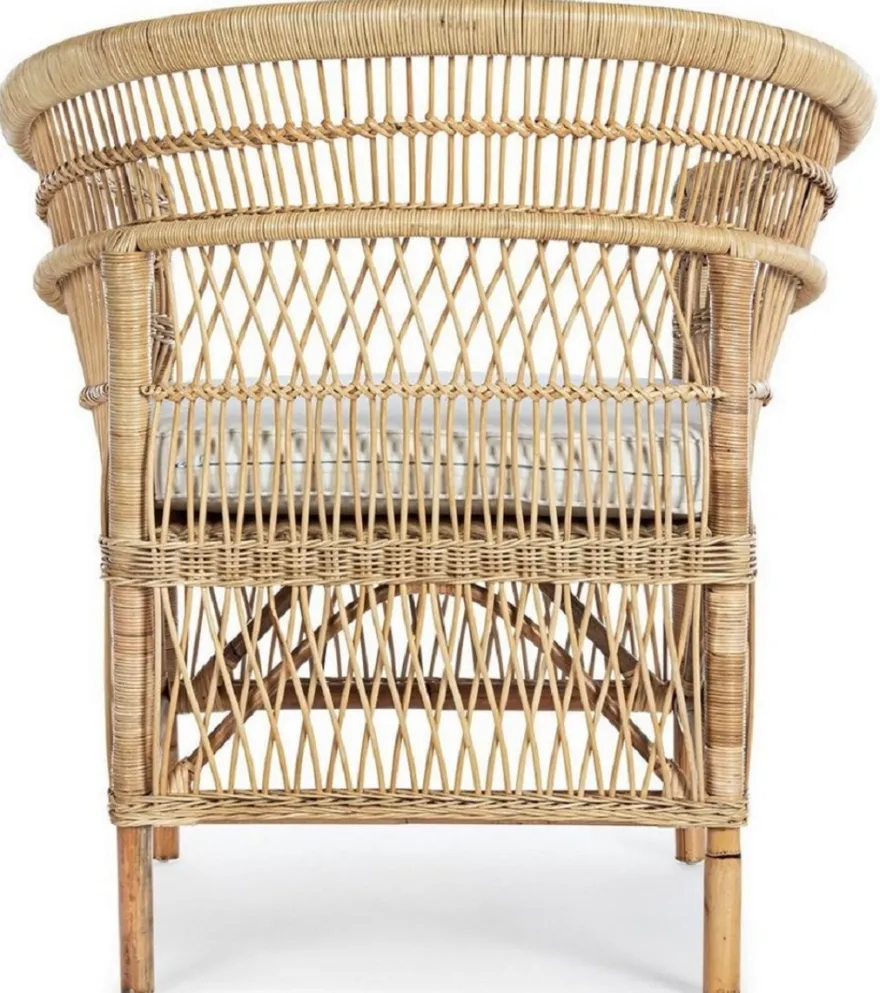 Casa Padrino Luxus Gartensessel Naturfarben / Weiß 79 x 72 x H. 86 cm - Rattan Garten & Terrassen Sessel mit Sitzkissen - Garten & Terrassen Möbel - Luxus Qualität