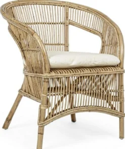 Casa Padrino Luxus Gartensessel Naturfarben / Weiß 68 x 65 x H. 82 cm - Rattan Garten & Terrassen Sessel mit Sitzkissen - Garten & Terrassen Möbel - Luxus Qualität