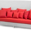 Casa Padrino Luxus Gartensofa mit halbrundem Hocker Weiß / Rot 277 x 243 x H. 133 cm - Handgewebtes Wetterbeständiges Hochlehn Sofa - Liegeinsel mit Kissen - Moderne Garten Möbel - Hotel Möbel