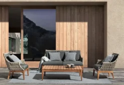 Casa Padrino Luxus Gartensofa mit Kissen Grau / Naturfarben / Braun 153 x 73 x H. 80,5 cm - Wetterbeständiges Garten & Terrassen Sofa - Garten & Terrassen Möbel - Luxus Qualität