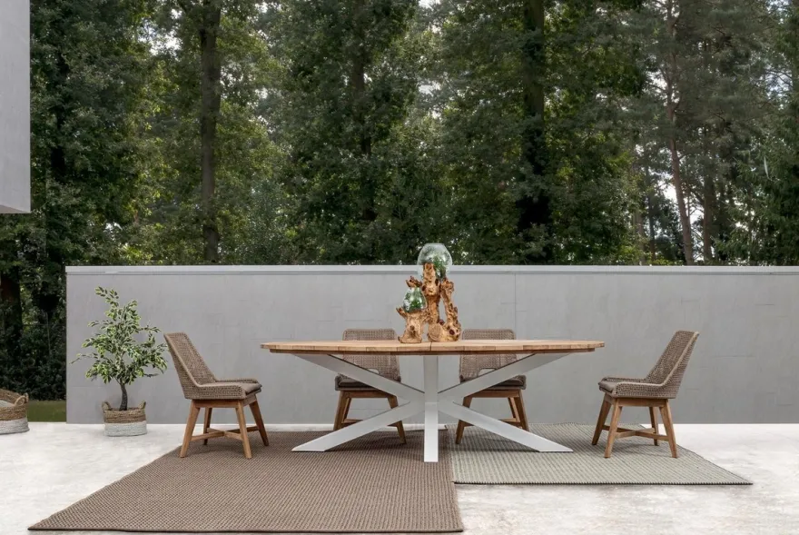 Casa Padrino Luxus Gartentisch Naturfarben / Weiß 240 x 110 x H. 77 cm - Ovaler Esstisch mit Teakholz Tischplatte - Garten & Terrassen Tisch - Luxus Garten & Terrassen Möbel