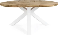 Casa Padrino Luxus Gartentisch Naturfarben / Weiß Ø 160 x H. 77 cm - Garten Esstisch mit Teakholz Tischplatte und Aluminium Beinen - Garten & Terrassen Tisch - Luxus Garten & Terrassen Möbel