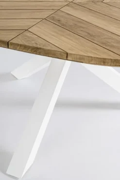Casa Padrino Luxus Gartentisch Naturfarben / Weiß Ø 160 x H. 77 cm - Garten Esstisch mit Teakholz Tischplatte und Aluminium Beinen - Garten & Terrassen Tisch - Luxus Garten & Terrassen Möbel