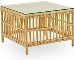 Casa Padrino Luxus Gartentisch Naturfarben 60 x 60 x H. 43 cm - Wetterbeständiger Garten & Terrassen Beistelltisch mit Glasplatte - Moderne Garten & Terrassen Möbel - Luxus Kollektion