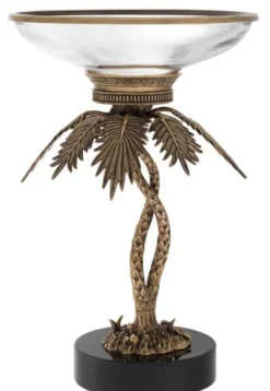 Casa Padrino Luxus Glasschale mit Messing Palmen Ständer und Granitsockel Vintage Messing /Schwarz Ø 33,5 x H. 50,5 cm - Hotel & Restaurant Accessoires