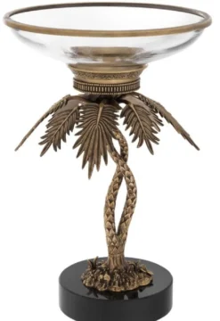 Casa Padrino Luxus Glasschale mit Messing Palmen Ständer und Granitsockel Vintage Messing /Schwarz Ø 33,5 x H. 50,5 cm - Hotel & Restaurant Accessoires