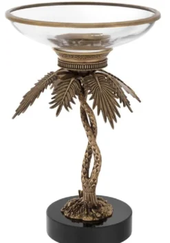 Casa Padrino Luxus Glasschale mit Messing Palmen Ständer und Granitsockel Vintage Messing /Schwarz Ø 33,5 x H. 50,5 cm - Hotel & Restaurant Accessoires
