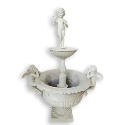 Casa Padrino Luxus Gusseisen Gartenbrunnen Putto mit Engeln Antikweiß 108 x 78 x H. 150 cm - Zweistöckiger Springbrunnen im Barockstil - Garten Deko