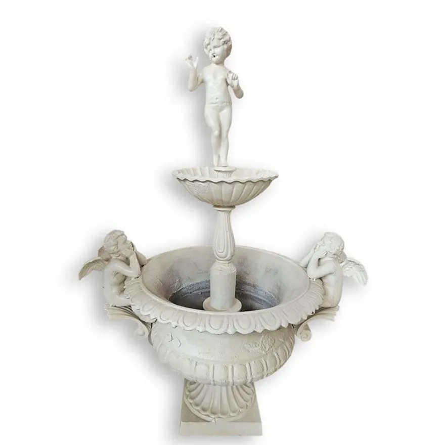 Casa Padrino Luxus Gusseisen Gartenbrunnen Putto mit Engeln Antikweiß 108 x 78 x H. 150 cm - Zweistöckiger Springbrunnen im Barockstil - Garten Deko