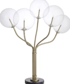 Casa Padrino Luxus Halogen Tischleuchte Antik Messingfarben / Schwarz Ø 55 x H. 80 cm - Dimmbare Metall Tischlampe mit runden Glas Lampenschirmen und Marmorfuß - Luxus Kollektion