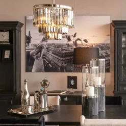Casa Padrino Luxus Hängeleuchte Rauchglas / Silber Ø 54 x H. 42 cm - Dreistufige Kristall Pendelleuchte