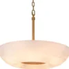 Casa Padrino Luxus Hängeleuchte Alabaster / Antik Messing Ø 60 x H. 15 cm - Metall Hängelampe mit rundem Alabaster Lampenschirm - Wohnzimmer Hängeleuchte - Luxus Leuchten - Luxus Qualität