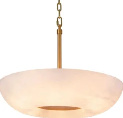 Casa Padrino Luxus Hängeleuchte Alabaster / Antik Messing Ø 60 x H. 15 cm - Metall Hängelampe mit rundem Alabaster Lampenschirm - Wohnzimmer Hängeleuchte - Luxus Leuchten - Luxus Qualität