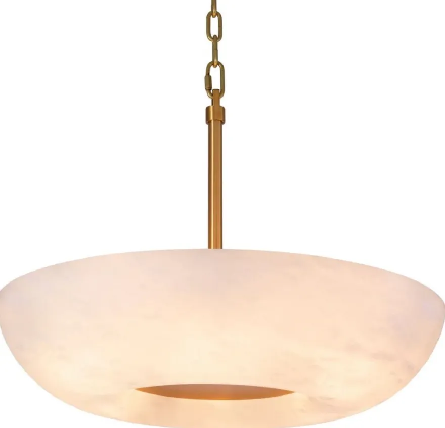 Casa Padrino Luxus Hängeleuchte Alabaster / Antik Messing Ø 60 x H. 15 cm - Metall Hängelampe mit rundem Alabaster Lampenschirm - Wohnzimmer Hängeleuchte - Luxus Leuchten - Luxus Qualität