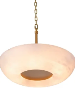 Casa Padrino Luxus Hängeleuchte Alabaster / Antik Messing Ø 60 x H. 15 cm - Metall Hängelampe mit rundem Alabaster Lampenschirm - Wohnzimmer Hängeleuchte - Luxus Leuchten - Luxus Qualität