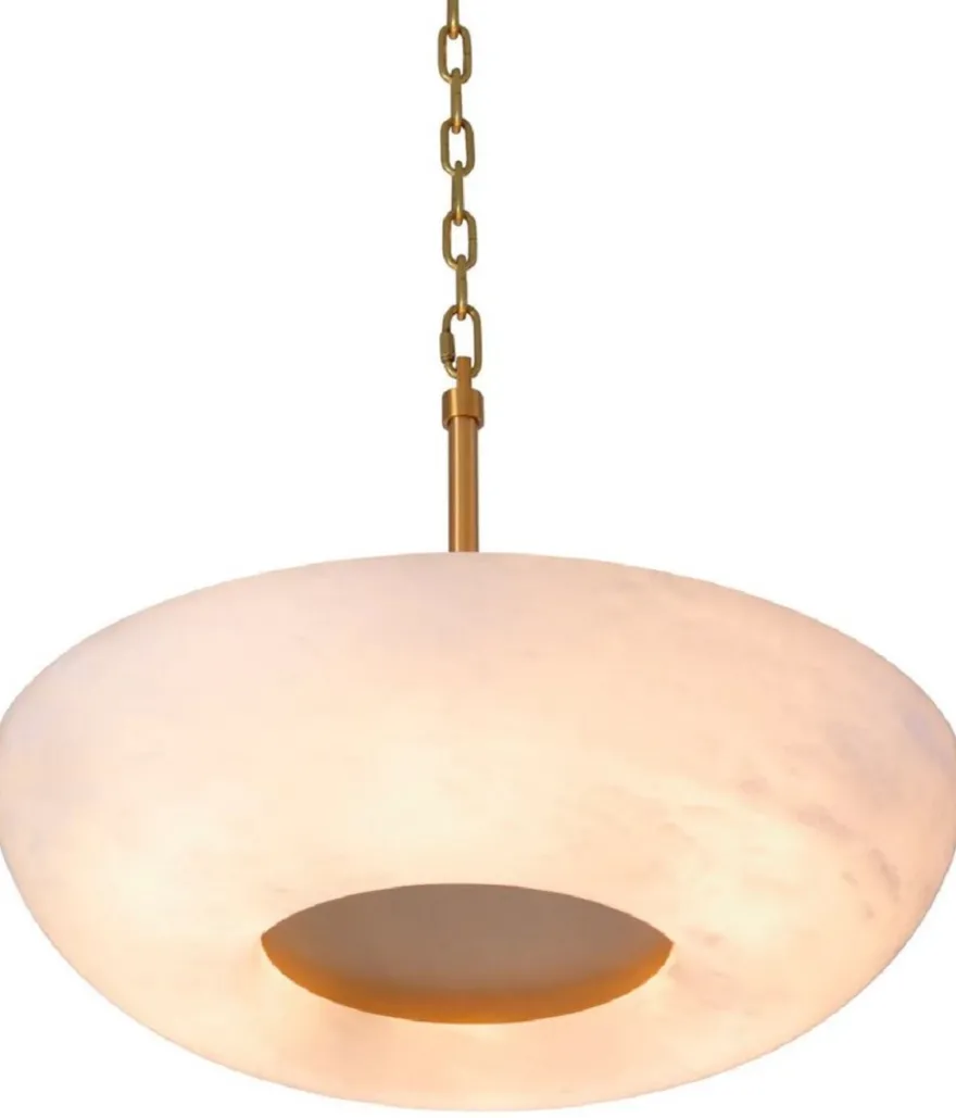Casa Padrino Luxus Hängeleuchte Alabaster / Antik Messing Ø 60 x H. 15 cm - Metall Hängelampe mit rundem Alabaster Lampenschirm - Wohnzimmer Hängeleuchte - Luxus Leuchten - Luxus Qualität