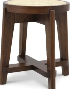 Casa Padrino Luxus Hocker Braun / Naturfarben Ø 44,5 x H. 47 cm - Runder Massivholz Sitzhocker mit Rattangeflecht - Wohnzimmer Möbel