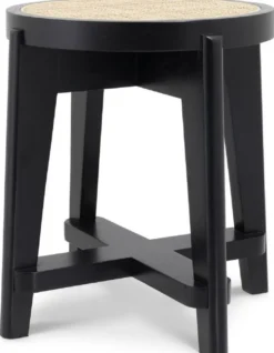 Casa Padrino Luxus Hocker Schwarz / Naturfarben Ø 44,5 x H. 47 cm - Runder Massivholz Sitzhocker mit Rattangeflecht - Wohnzimmer Möbel