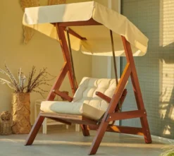 Casa Padrino Luxus Hollywood Schaukel Cremefarben / Braun - Moderne Wetterfeste Garten Schaukel mit Sonnendach - Terrassen Möbel - Garten Möbel - Luxus Kollektion