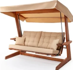Casa Padrino Luxus Hollywood Schaukel Beige / Braun - Wetterfeste Garten Schaukel mit Sonnendach - Garten Möbel - Terrassen Möbel - Luxus Möbel - Luxus Garten Einrichtung