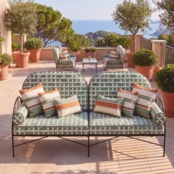 Casa Padrino Luxus Hotel & Garten Schmiedeeisen Sofa Sofa Grün / Weiß / Schwarz 240 cm - Hotel & Garten Möbel
