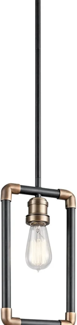 Casa Padrino Luxus Industrial Design Hängeleuchte Schwarz / Messingfarben 17,1 x 5,1 x H. 32,4 cm - Elegante Industrie Stil Hängelampe - Industrie Stil Leuchten
