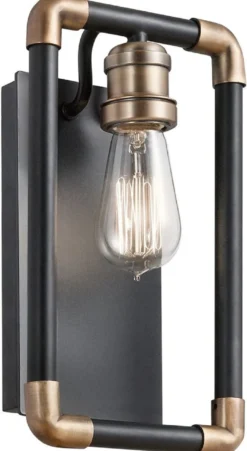 Casa Padrino Luxus Industrial Design Wandleuchte Schwarz / Messingfarben 17,1 x 10,6 x H. 30,5 cm - Elegante Industrie Stil Wandlampe - Industrie Stil Leuchten