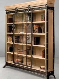 Casa Padrino Luxus Industrie Stil Bücherschrank Naturfarben / Schwarz 245,5 x 42 x H. 247 cm - Massivholz Schrank mit Schiebetür - Wohnzimmerschrank - Büroschrank - Luxus Industrie Stil Möbel