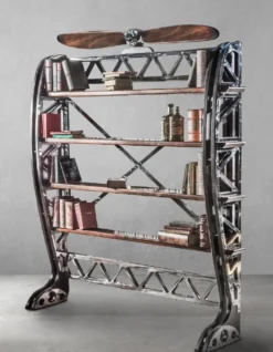 Casa Padrino Luxus Industrie Stil Bücherschrank Silber / Schwarz / Braun 171 x 29,5 x H. 208,5 cm - Metall Schrank mit dekorativem Flugzeug Propeller - Büroschrank - Luxus Industrie Stil Möbel