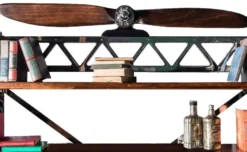 Casa Padrino Luxus Industrie Stil Bücherschrank Silber / Schwarz / Braun 171 x 29,5 x H. 208,5 cm - Metall Schrank mit dekorativem Flugzeug Propeller - Büroschrank - Luxus Industrie Stil Möbel