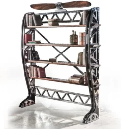 Casa Padrino Luxus Industrie Stil Bücherschrank Silber / Schwarz / Braun 171 x 29,5 x H. 208,5 cm - Metall Schrank mit dekorativem Flugzeug Propeller - Büroschrank - Luxus Industrie Stil Möbel