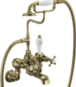 Casa Padrino Luxus Jugendstil Aufputz Badewannenarmatur Gold / Weiß H. 46,95 cm - Nostalgische Messing Badewannen Armatur mit Handbrause - Nostalgisches Badezimmer Zubehör