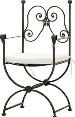 Casa Padrino Luxus Jugendstil Gartenstuhl Set mit Armlehnen und Sitzkissen Braun / Weiß 60 x 44 x H. 97 cm - Handgeschmiedete Esszimmer Stühle - Esszimmer Garten Terrassen Möbel