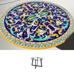 Casa Padrino Luxus Jugendstil Gartentisch Rankengirlande Blau Ø 150 cm - Runder Esstisch aus handbemaltem Lavastein - Gastronomie Möbel - Made in Italy