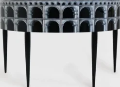 Casa Padrino Luxus Jugendstil Mahagoni Schreibtisch mit 10 Schubladen Schwarz / Silber / Grau / Weiß 144 x 79 x H. 91 cm - Halbrunder Bürotisch - Büromöbel - Luxus Qualität
