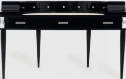 Casa Padrino Luxus Jugendstil Mahagoni Schreibtisch mit 10 Schubladen Schwarz / Silber / Grau / Weiß 144 x 79 x H. 91 cm - Halbrunder Bürotisch - Büromöbel - Luxus Qualität