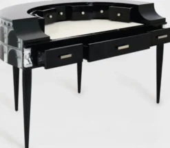 Casa Padrino Luxus Jugendstil Mahagoni Schreibtisch mit 10 Schubladen Schwarz / Silber / Grau / Weiß 144 x 79 x H. 91 cm - Halbrunder Bürotisch - Büromöbel - Luxus Qualität